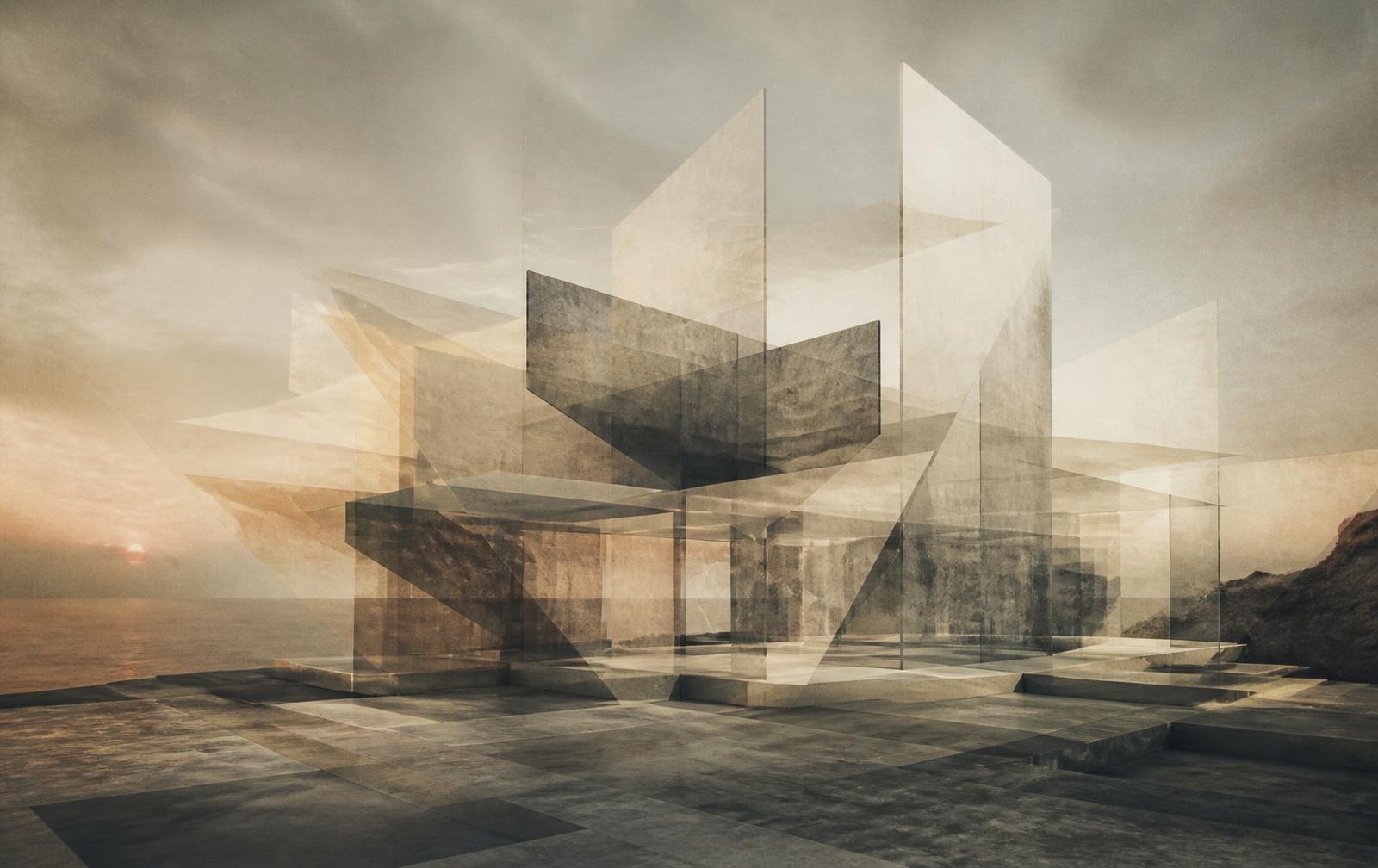Experimental architectural concept visual of layered translucent planes