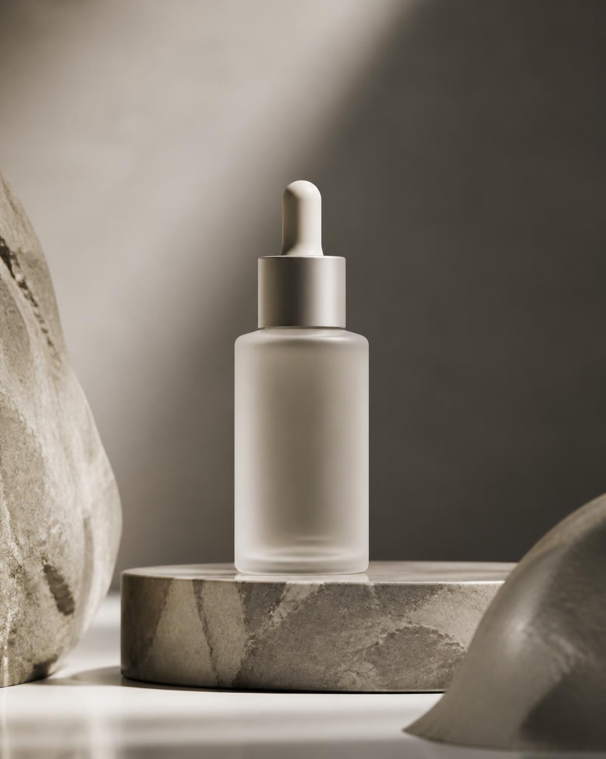 Cosmetics product still life on a stone plinth