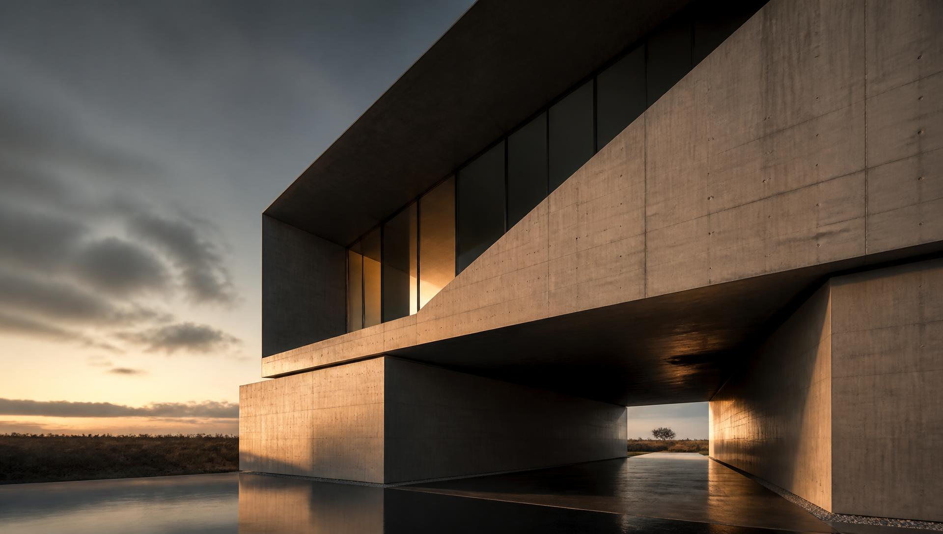 Cinematic view of a cantilevered concrete building at dusk